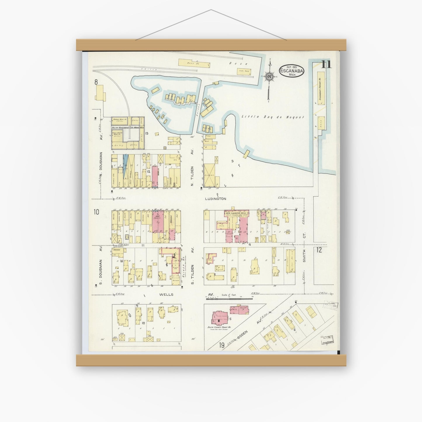 Old map wall art mockup — magnetic wood frame on white wall — Sanborn Fire Insurance Map from Escanaba, Delta County, Michigan (1913), Sheet #0011