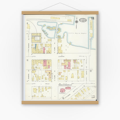 Old map wall art mockup — magnetic wood frame on white wall — Sanborn Fire Insurance Map from Escanaba, Delta County, Michigan (1913), Sheet #0011