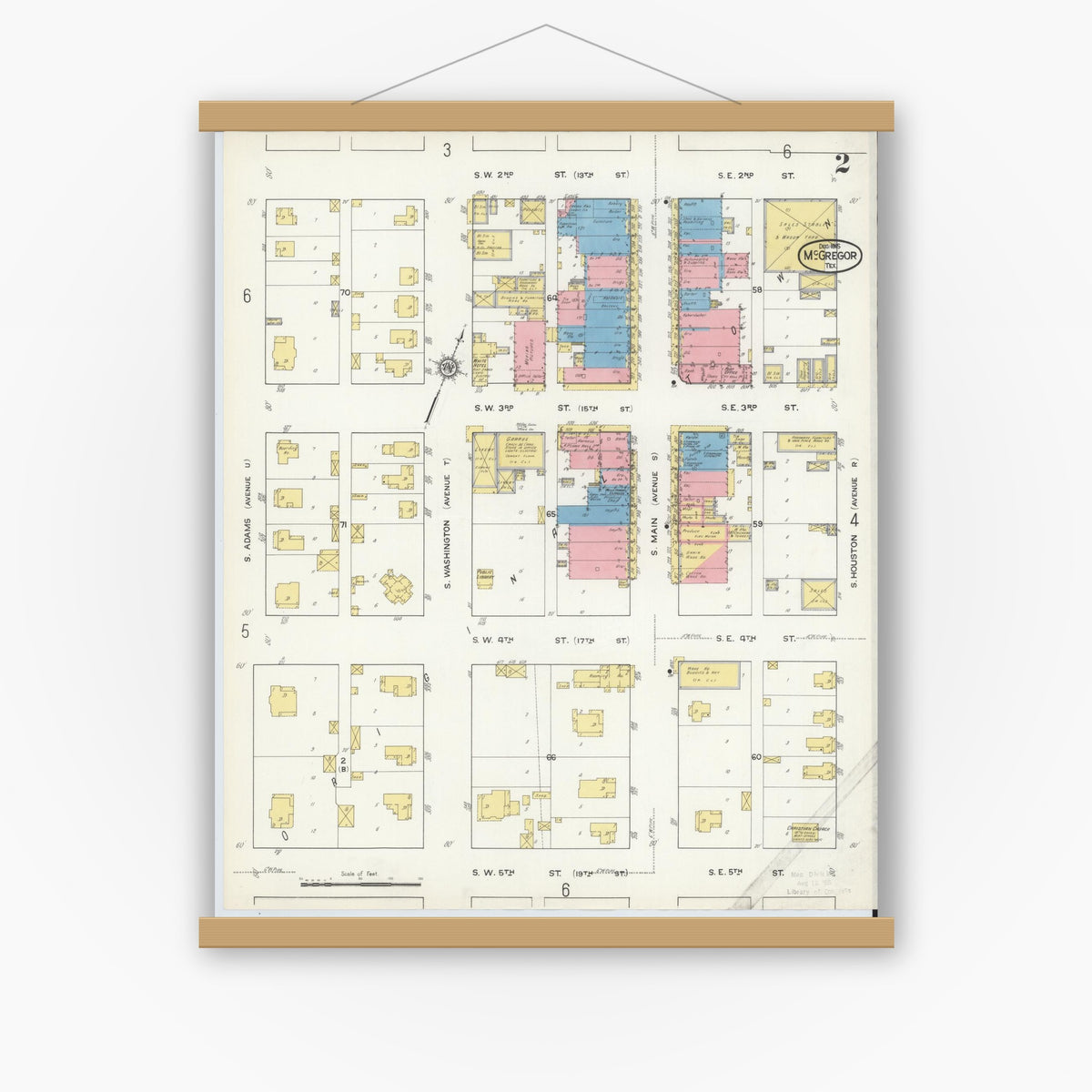 Old map wall art mockup — magnetic wood frame on white wall — Sanborn Fire Insurance Map from McGregor, McLennan County, Texas (1915), Sheet #0002