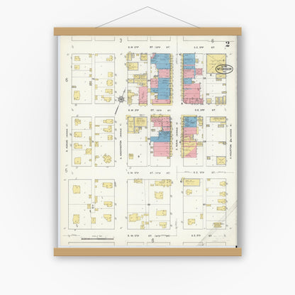 Old map wall art mockup — magnetic wood frame on white wall — Sanborn Fire Insurance Map from McGregor, McLennan County, Texas (1915), Sheet #0002