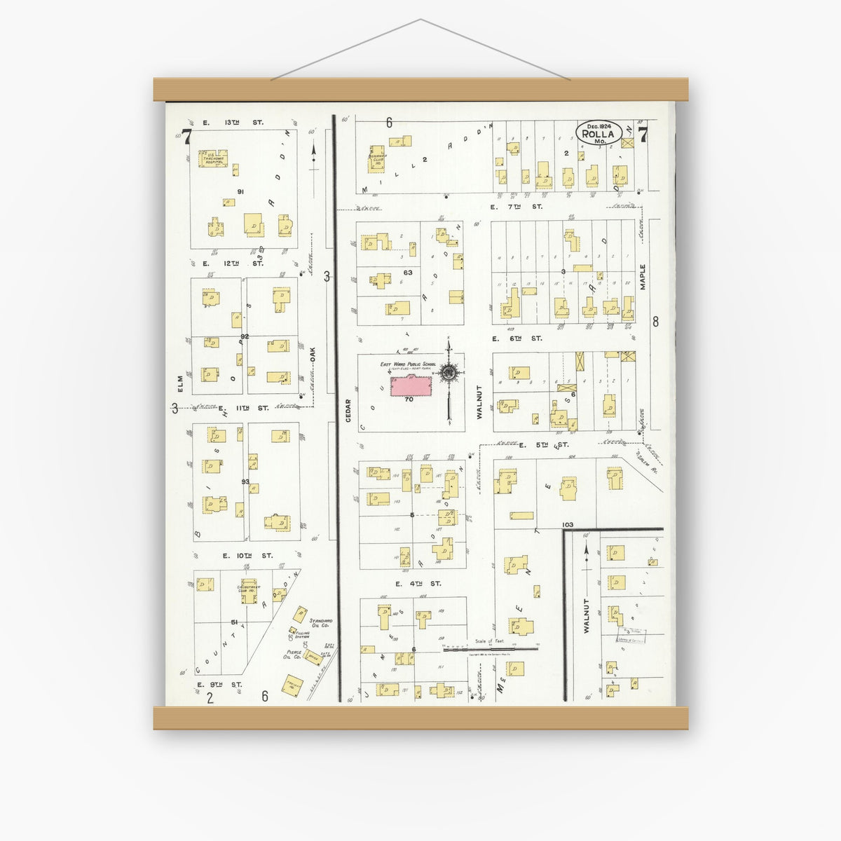Old map wall art mockup — magnetic wood frame on white wall — Sanborn Fire Insurance Map from Rolla, Phelps County, Missouri (1924), Sheet #0007