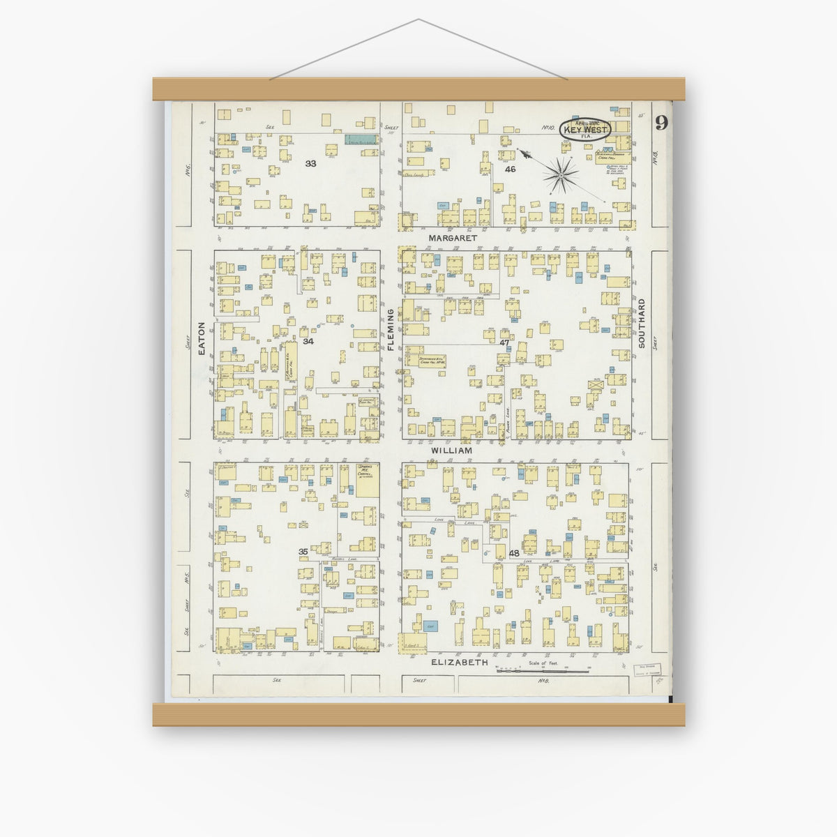 Old map wall art mockup — magnetic wood frame on white wall — Sanborn Fire Insurance Map from Key West, Monroe County, Florida (1892), Sheet #0009