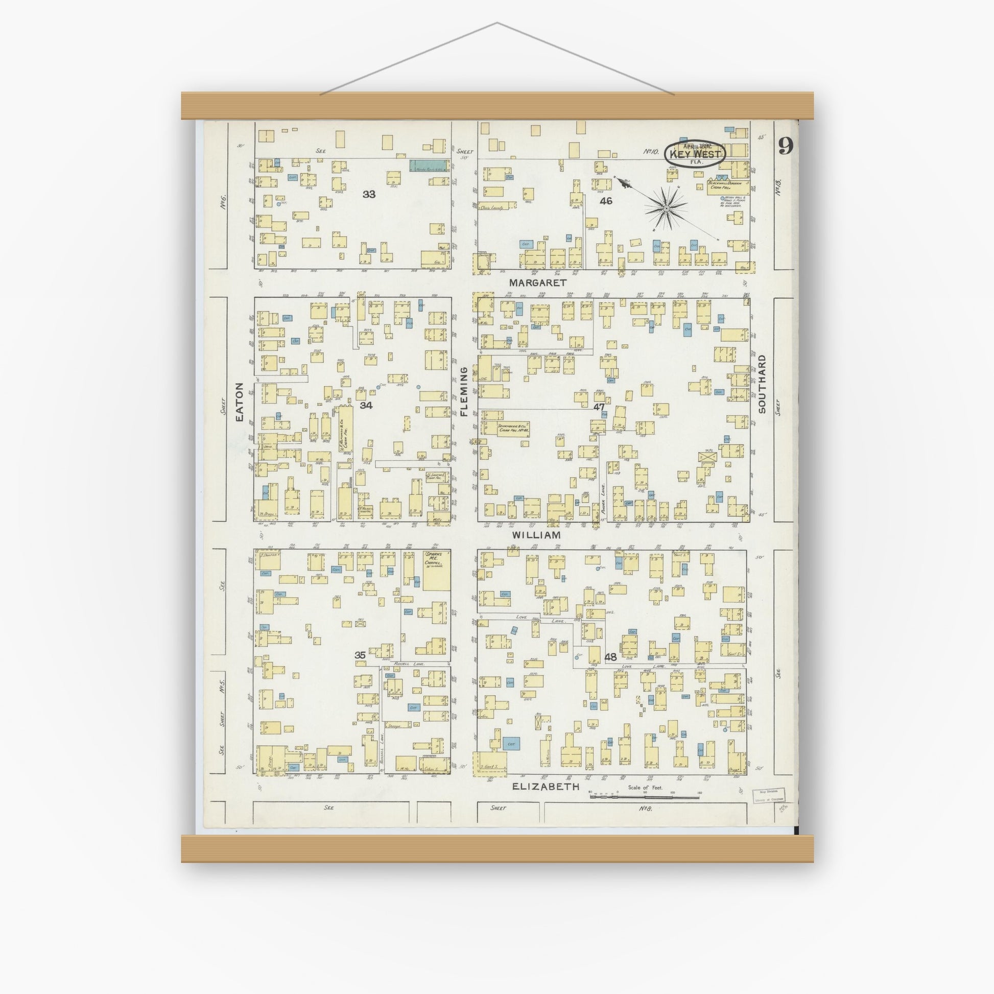 Old map wall art mockup — magnetic wood frame on white wall — Sanborn Fire Insurance Map from Key West, Monroe County, Florida (1892), Sheet #0009