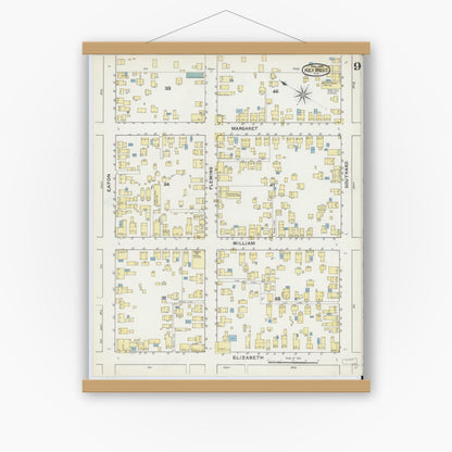 Old map wall art mockup — magnetic wood frame on white wall — Sanborn Fire Insurance Map from Key West, Monroe County, Florida (1892), Sheet #0009