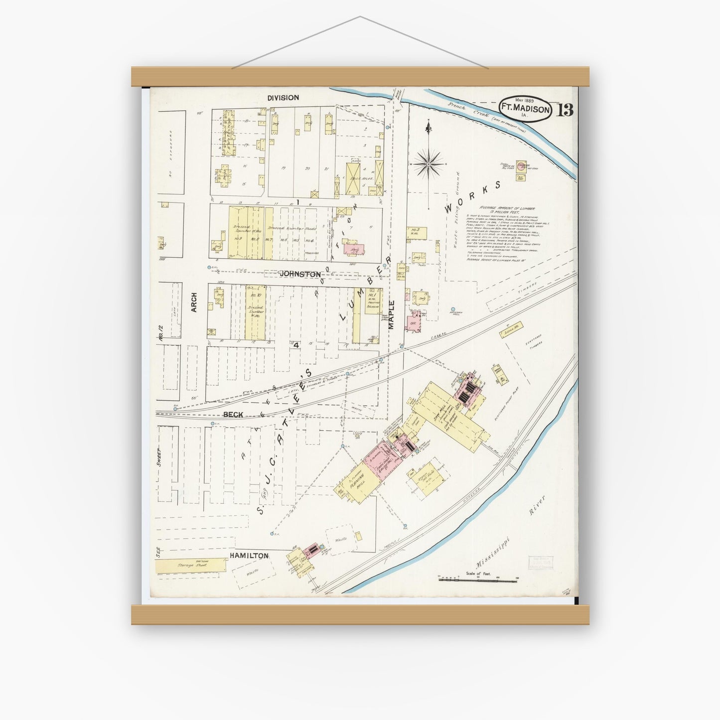 Old map wall art mockup — magnetic wood frame on white wall — Sanborn Fire Insurance Map from Fort Madison, Lee County, Iowa (1889), Sheet #0013