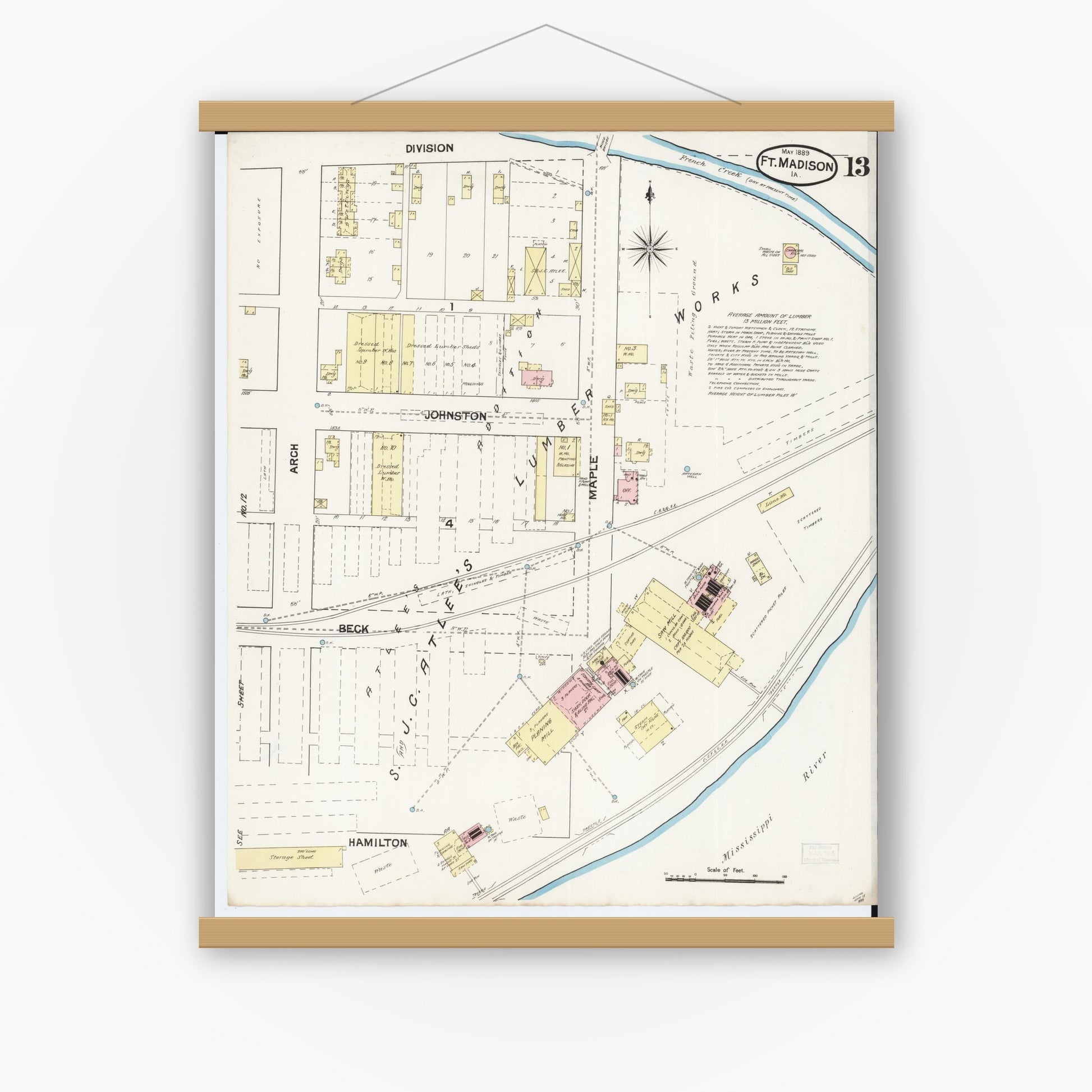 Old map wall art mockup — magnetic wood frame on white wall — Sanborn Fire Insurance Map from Fort Madison, Lee County, Iowa (1889), Sheet #0013