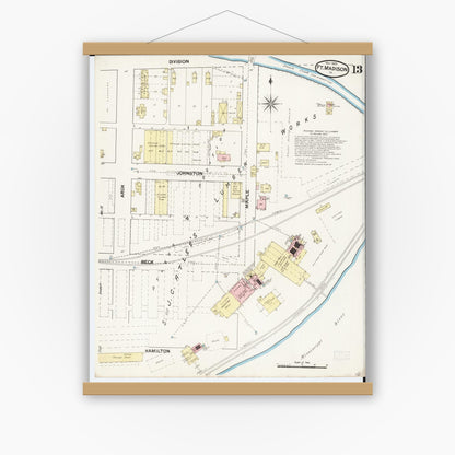 Old map wall art mockup — magnetic wood frame on white wall — Sanborn Fire Insurance Map from Fort Madison, Lee County, Iowa (1889), Sheet #0013