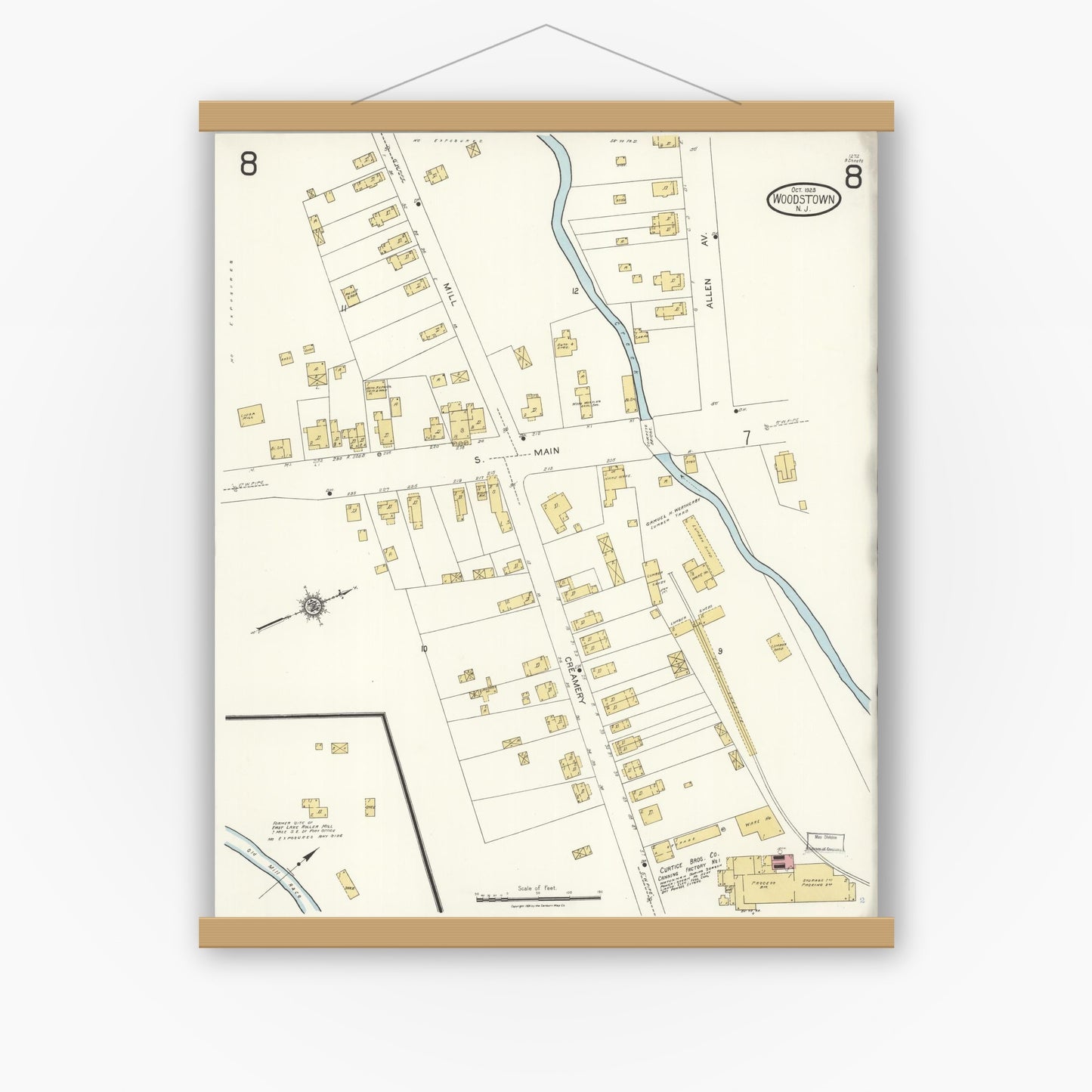 Old map wall art mockup — magnetic wood frame on white wall — Sanborn Fire Insurance Map from Woodstown, Salem County, New Jersey (1923), Sheet #0008