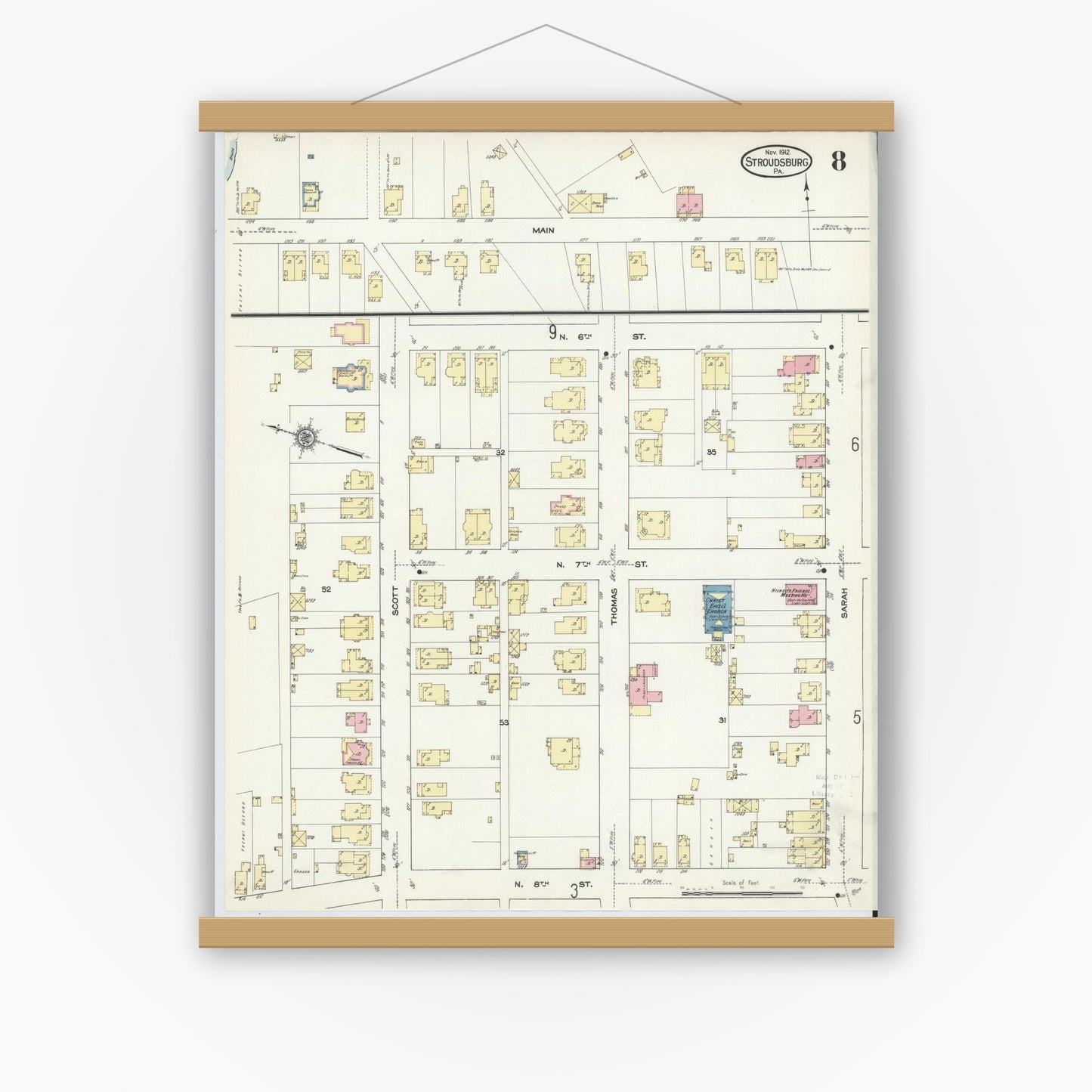 Old map wall art mockup — magnetic wood frame on white wall — Sanborn Fire Insurance Map from Stroudsburg, Monroe County, Pennsylvania (1912), Sheet #0008