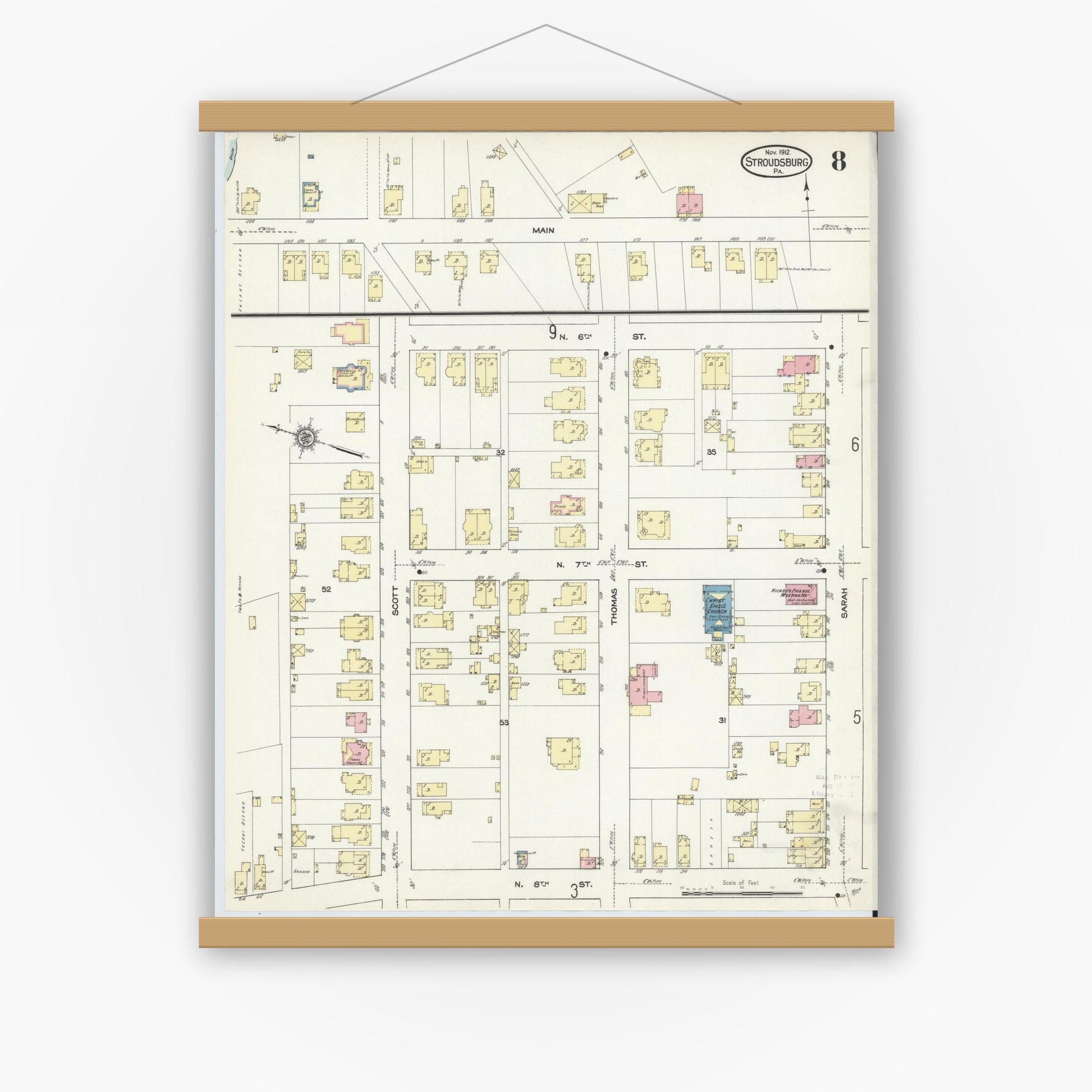 Old map wall art mockup — magnetic wood frame on white wall — Sanborn Fire Insurance Map from Stroudsburg, Monroe County, Pennsylvania (1912), Sheet #0008