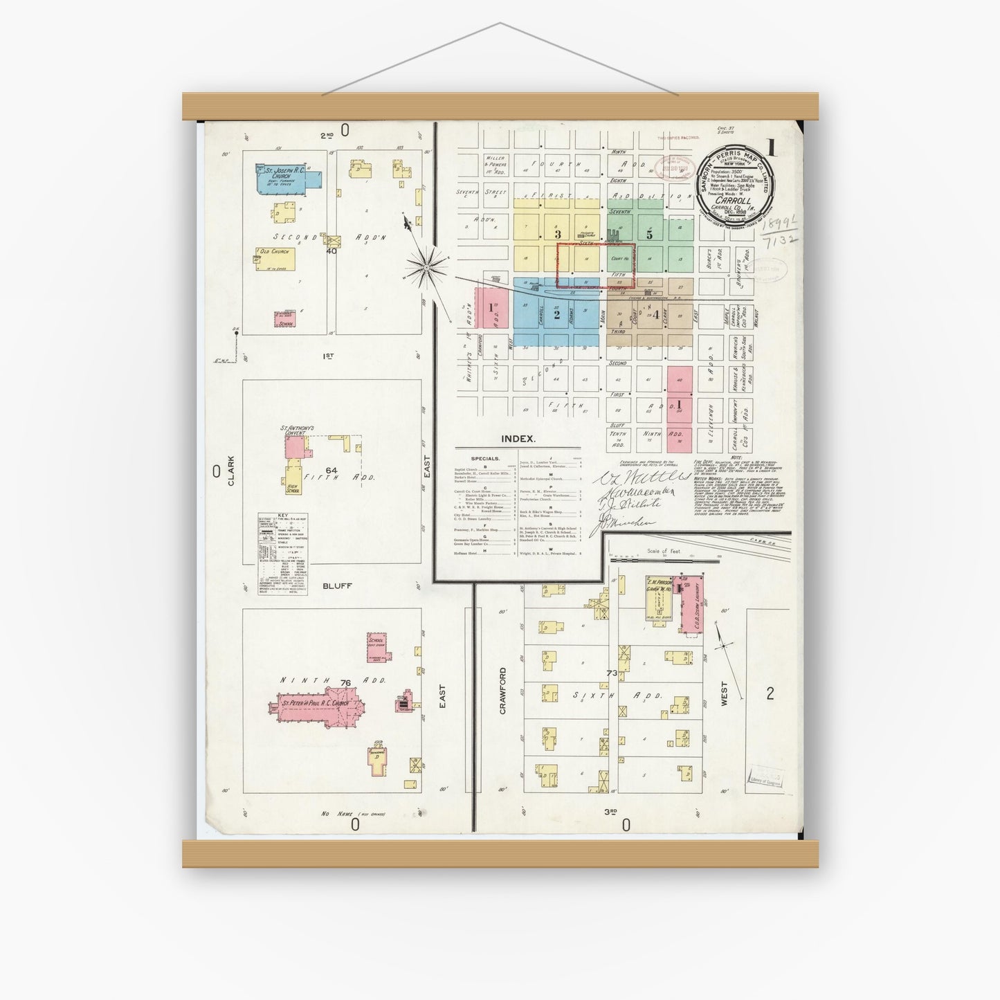 Old map wall art mockup — magnetic wood frame on white wall — Sanborn Fire Insurance Map from Carroll, Carroll County, Iowa (1898) â€” Complete Set