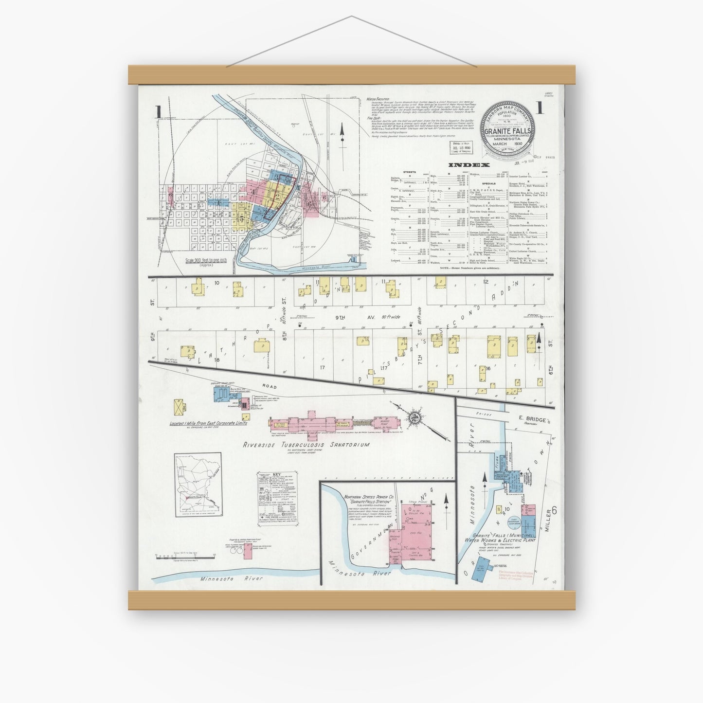 Old map wall art mockup — magnetic wood frame on white wall — Sanborn Fire Insurance Map from Granite Falls, Yellow Medicine And Chippewa Counties, Minnesota (1930) - Complete Map Set