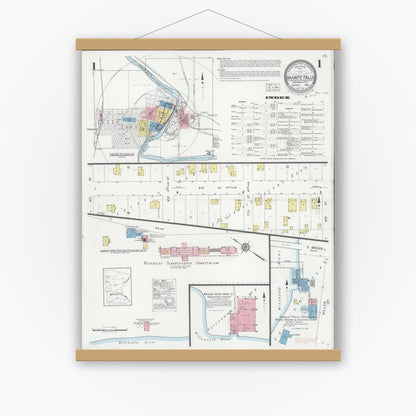 Old map wall art mockup — magnetic wood frame on white wall — Sanborn Fire Insurance Map from Granite Falls, Yellow Medicine And Chippewa Counties, Minnesota (1930) - Complete Map Set