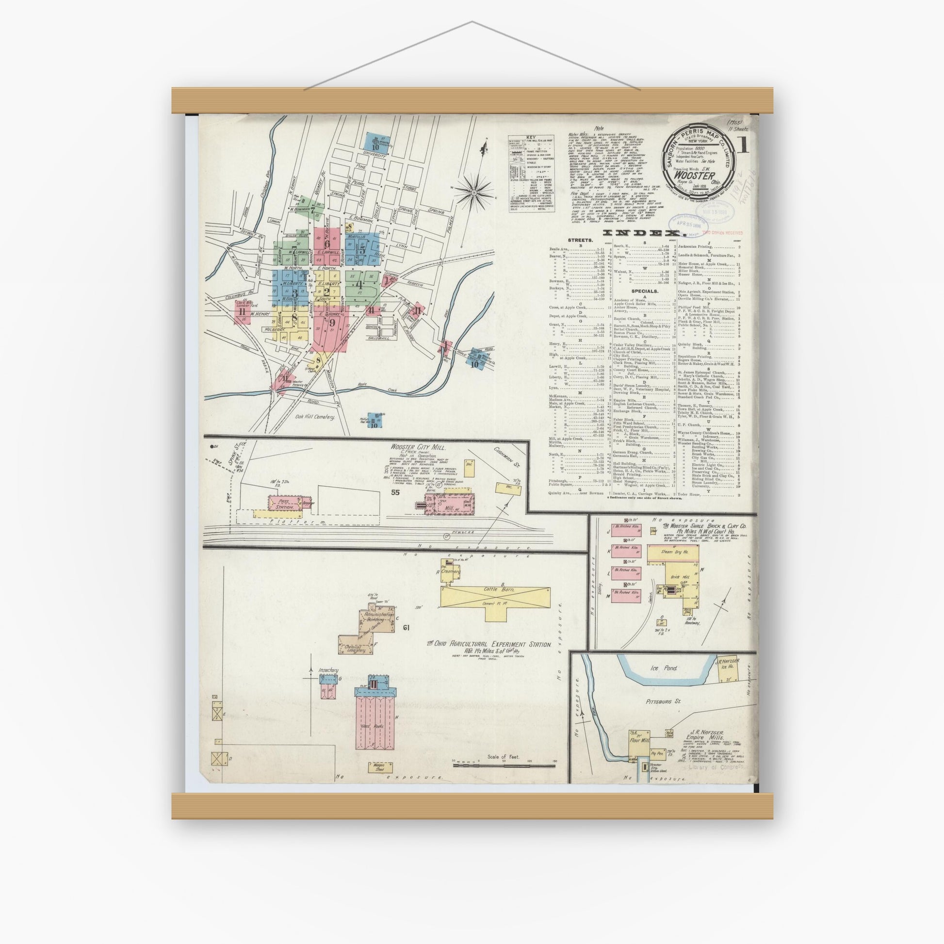Old map wall art mockup — magnetic wood frame on white wall — Sanborn Fire Insurance Map from Wooster, Wayne County, Ohio (1898) - Complete Map Set