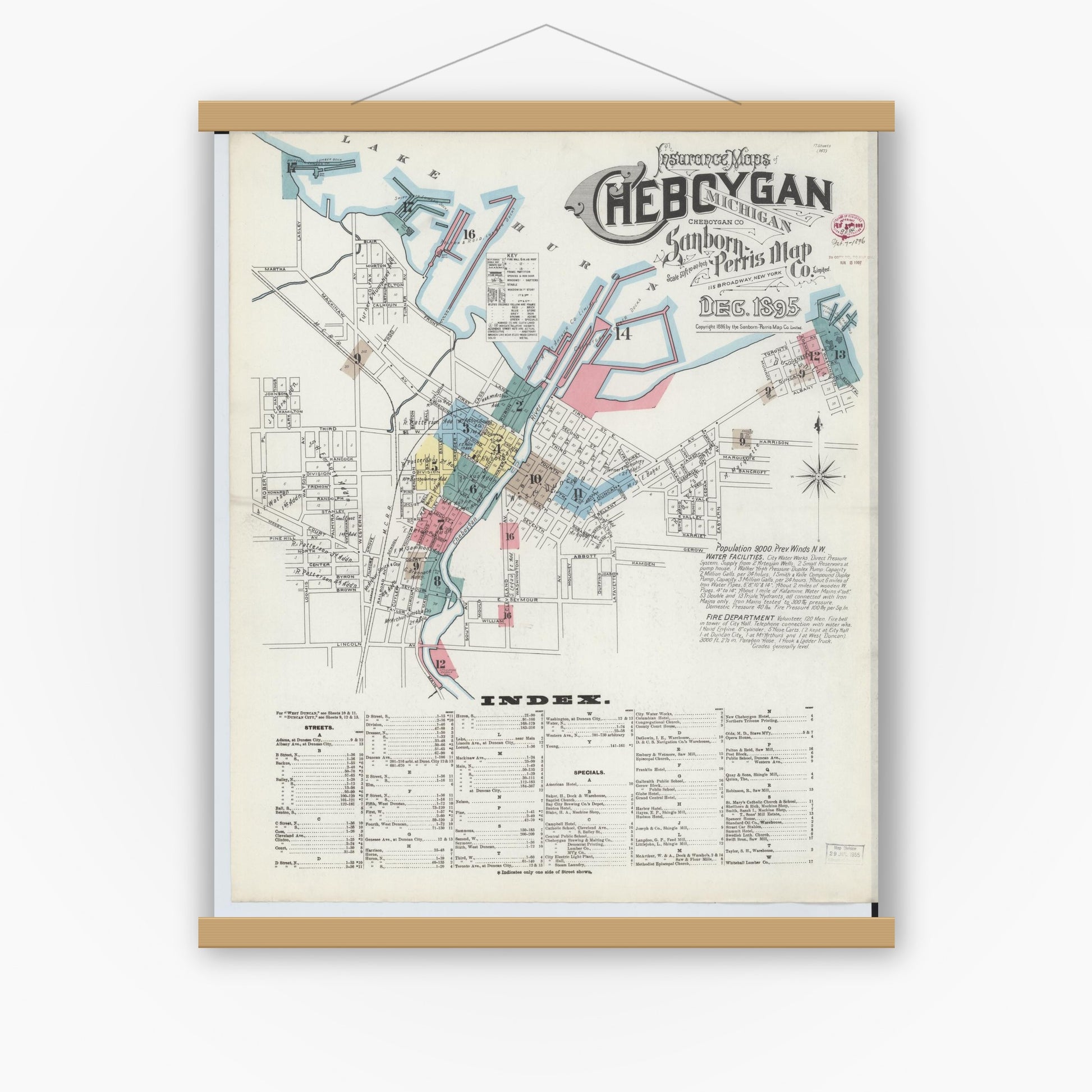 Old map wall art mockup — magnetic wood frame on white wall — Sanborn Fire Insurance Map from Cheboygan, Cheboygan County, Michigan (1895) - Complete Map Set