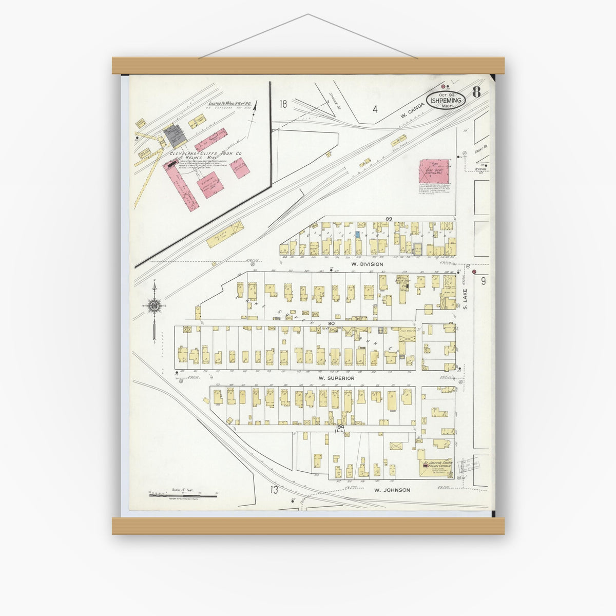 Old map wall art mockup — magnetic wood frame on white wall — Sanborn Fire Insurance Map from Ishpeming, Marquette County, Michigan (1917), Sheet #0008