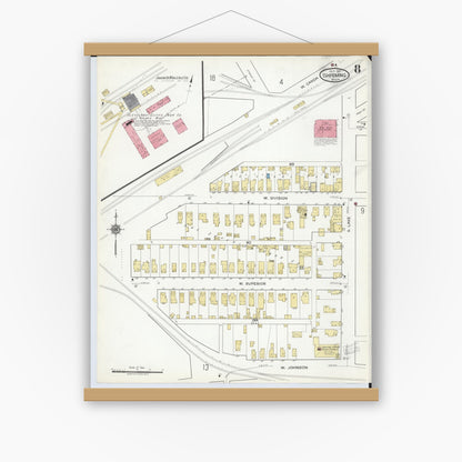 Old map wall art mockup — magnetic wood frame on white wall — Sanborn Fire Insurance Map from Ishpeming, Marquette County, Michigan (1917), Sheet #0008