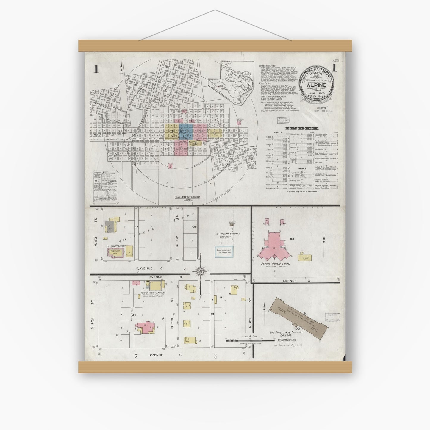 Old map wall art mockup — magnetic wood frame on white wall — Sanborn Fire Insurance Map from Alpine, Brewster County, Texas (1927), Sheet #0001