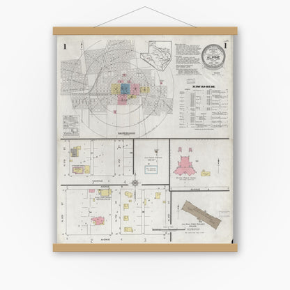Old map wall art mockup — magnetic wood frame on white wall — Sanborn Fire Insurance Map from Alpine, Brewster County, Texas (1927), Sheet #0001