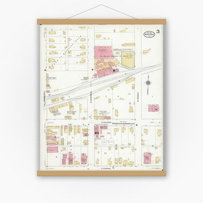 Old map wall art mockup — magnetic wood frame on white wall — Sanborn Fire Insurance Map from Macomb, Mcdonough County, Illinois (1910), Sheet #0003