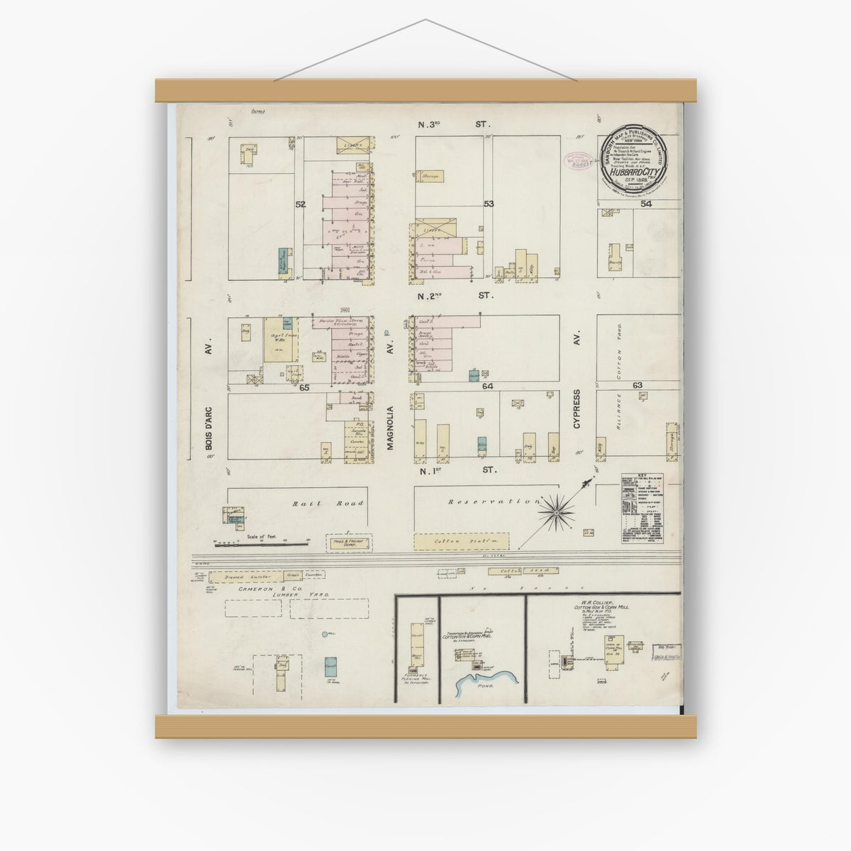 Old map wall art mockup — magnetic wood frame on white wall — Sanborn Fire Insurance Map from Hubbard, Hill County, Texas (1888), Sheet #0001