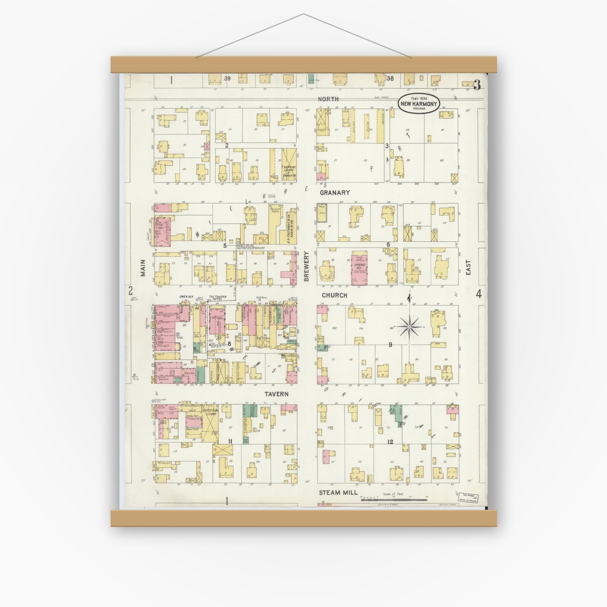 Old map wall art mockup — magnetic wood frame on white wall — Sanborn Fire Insurance Map from New Harmony, Posey County, Indiana (1899), Sheet #0003
