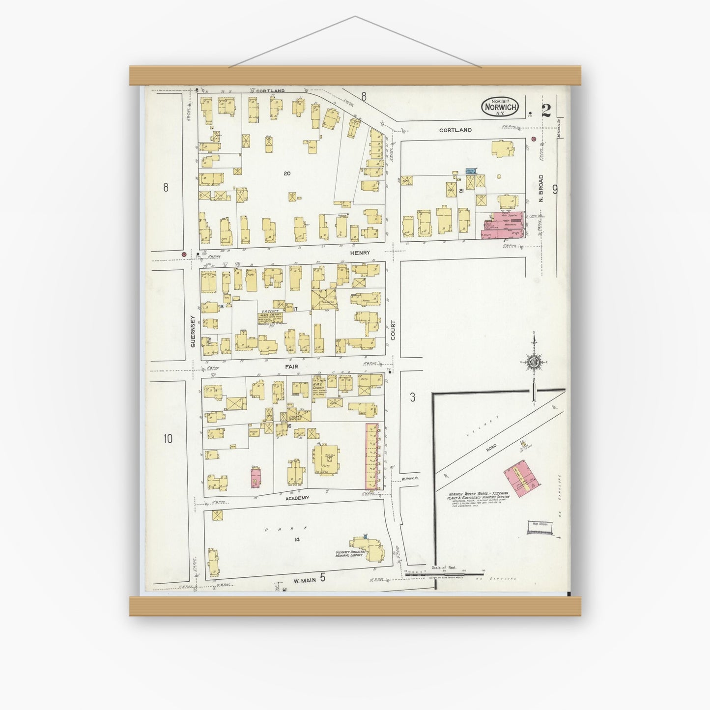 Old map wall art mockup — magnetic wood frame on white wall — Sanborn Fire Insurance Map from Norwich, Chenango County, New York (1917), Sheet #0002