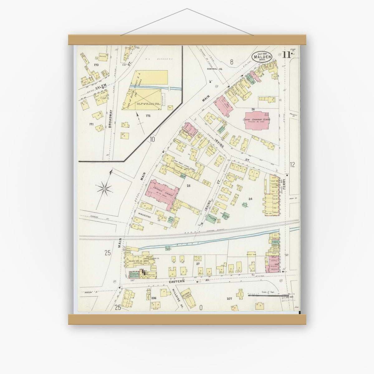 Old map wall art mockup — magnetic wood frame on white wall — Sanborn Fire Insurance Map from Malden, Middlesex County, Massachusetts (1897), Sheet #0011