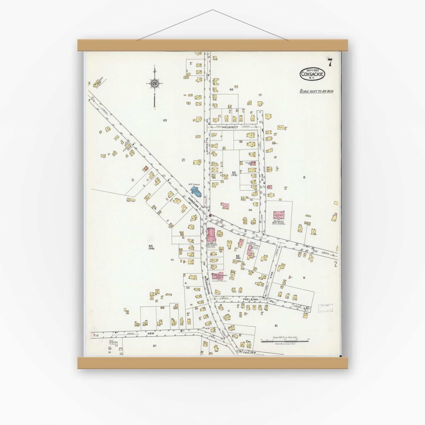 Old map wall art mockup — magnetic wood frame on white wall — Sanborn Fire Insurance Map from Coxsackie, Greene County, New York (1920), Sheet #0007