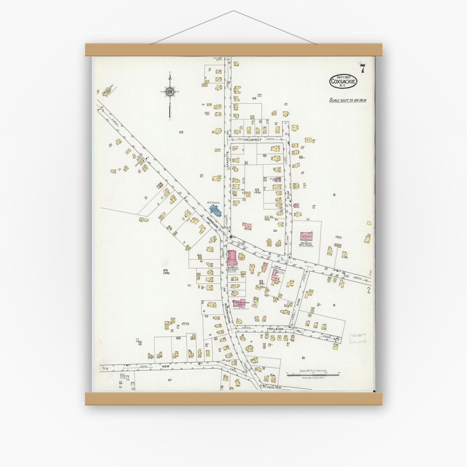 Old map wall art mockup — magnetic wood frame on white wall — Sanborn Fire Insurance Map from Coxsackie, Greene County, New York (1920), Sheet #0007