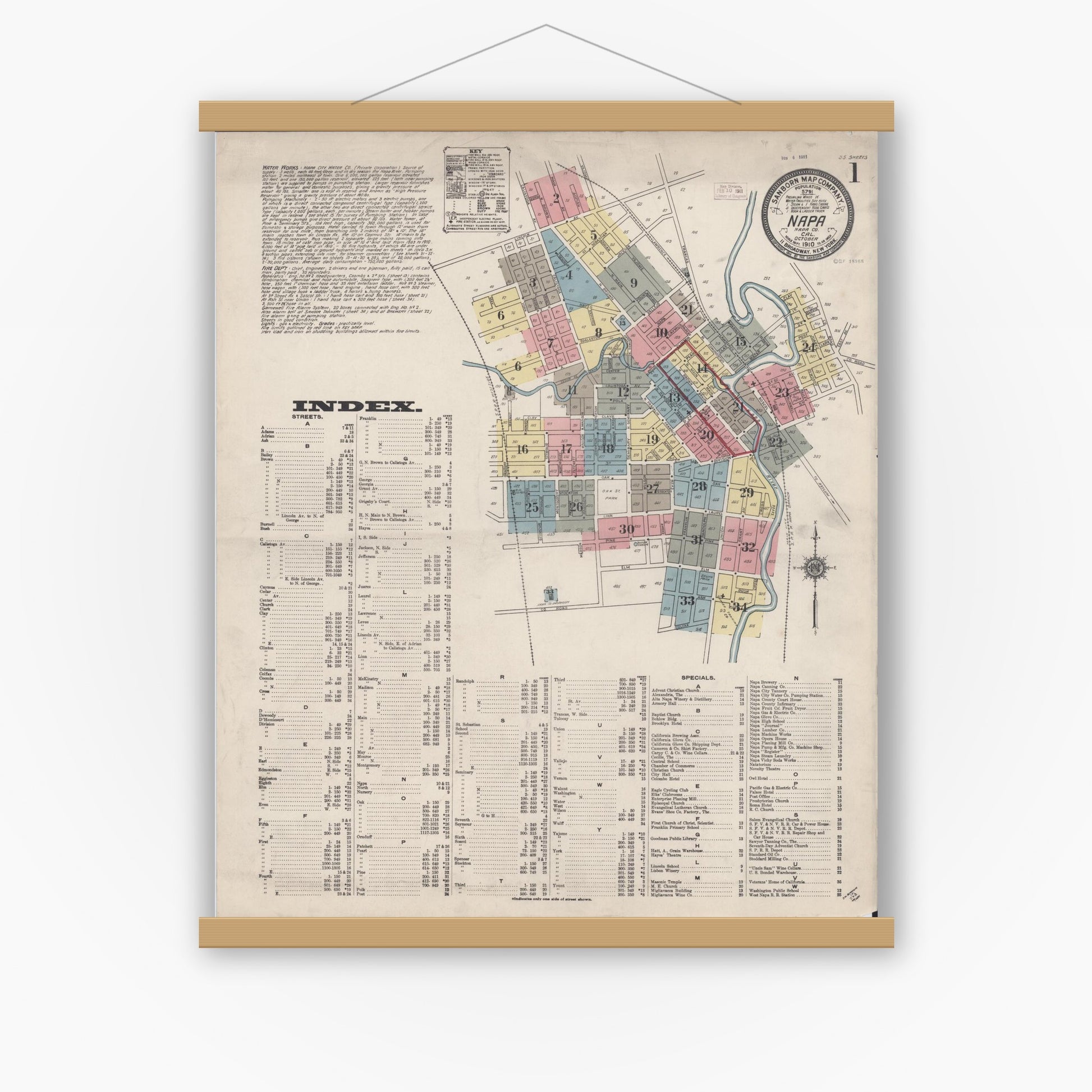 Old map wall art mockup — magnetic wood frame on white wall — Sanborn Fire Insurance Map from Napa, Napa County, California (1910) - Complete Map Set