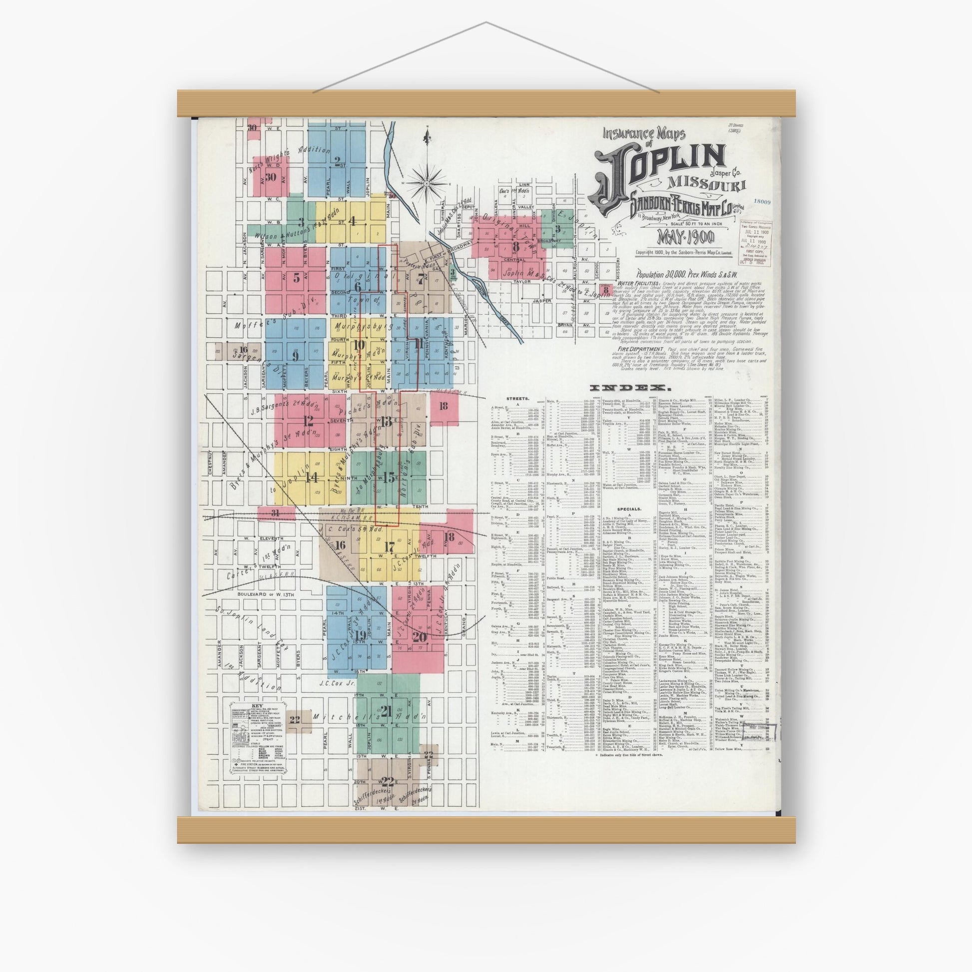 Old map wall art mockup — magnetic wood frame on white wall — Sanborn Fire Insurance Map from Joplin, Jasper County, Missouri (1900) - Complete Map Set