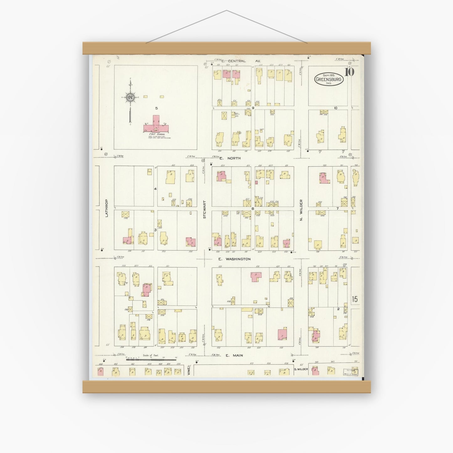 Old map wall art mockup — magnetic wood frame on white wall — Sanborn Fire Insurance Map from Greensburg, Decatur County, Indiana (1913), Sheet #0010