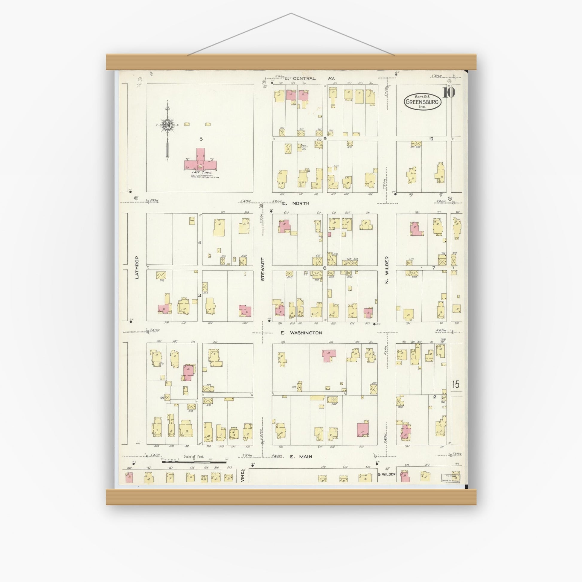 Old map wall art mockup — magnetic wood frame on white wall — Sanborn Fire Insurance Map from Greensburg, Decatur County, Indiana (1913), Sheet #0010
