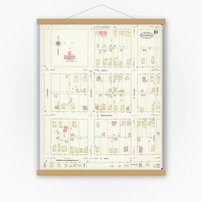 Old map wall art mockup — magnetic wood frame on white wall — Sanborn Fire Insurance Map from Greensburg, Decatur County, Indiana (1913), Sheet #0010