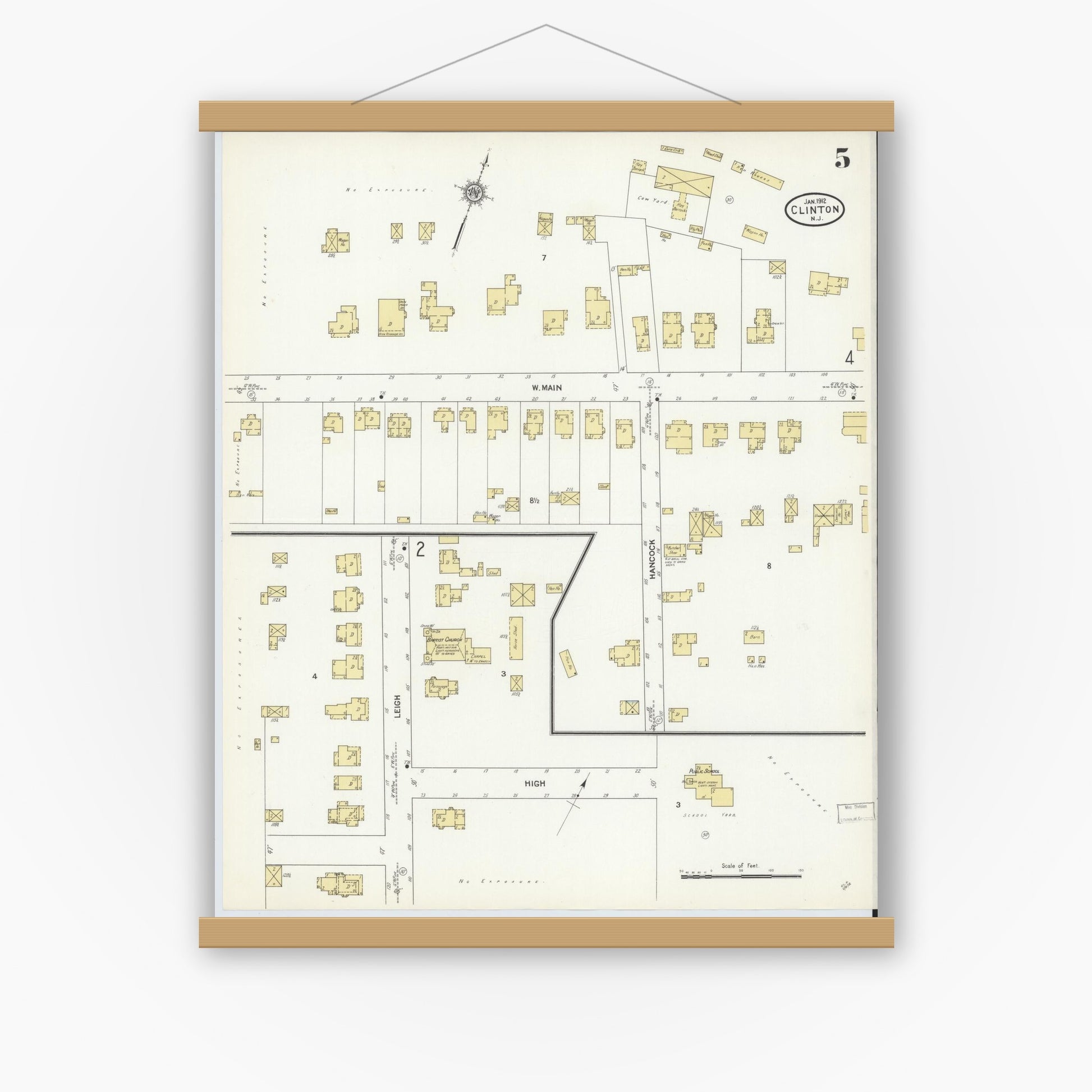 Old map wall art mockup — magnetic wood frame on white wall — Sanborn Fire Insurance Map from Clinton, Hunterdon County, New Jersey (1912), Sheet #0005