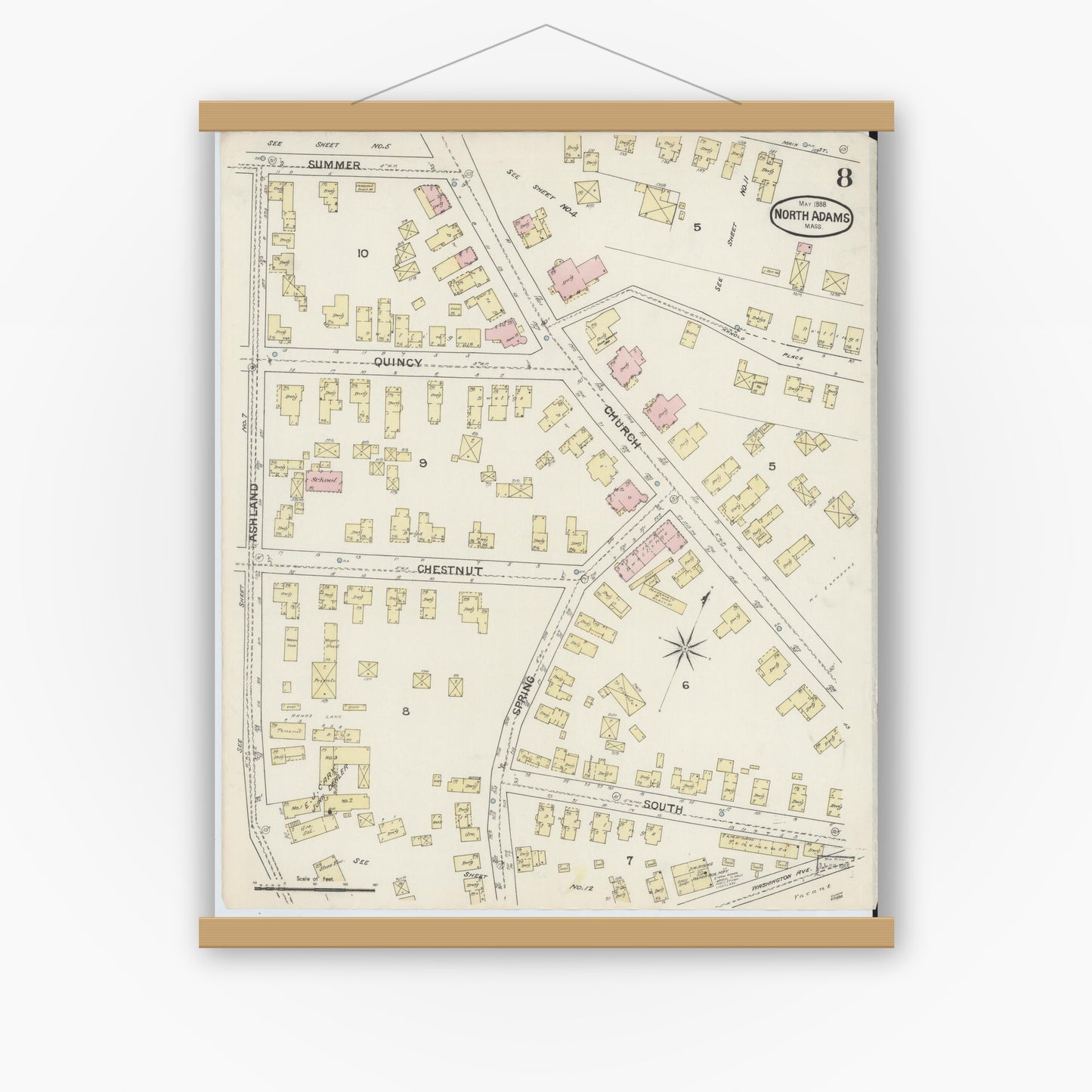 Old map wall art mockup — magnetic wood frame on white wall — Sanborn Fire Insurance Map from North Adams, Berkshire County, Massachusetts (1888), Sheet #0008