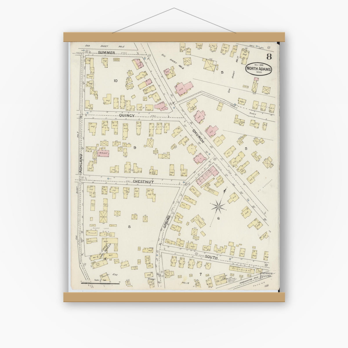 Old map wall art mockup — magnetic wood frame on white wall — Sanborn Fire Insurance Map from North Adams, Berkshire County, Massachusetts (1888), Sheet #0008
