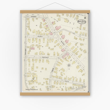 Old map wall art mockup — magnetic wood frame on white wall — Sanborn Fire Insurance Map from North Adams, Berkshire County, Massachusetts (1888), Sheet #0008