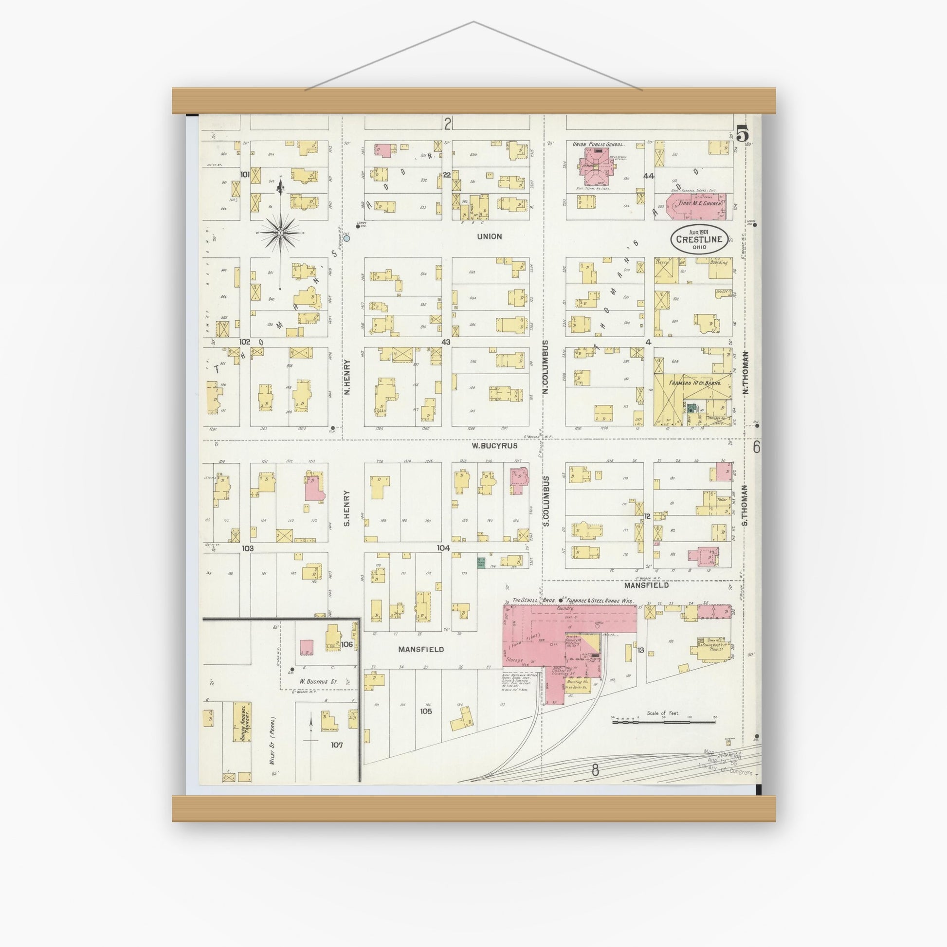 Old map wall art mockup — magnetic wood frame on white wall — Sanborn Fire Insurance Map from Crestline, Crawford County, Ohio (1901), Sheet #0005