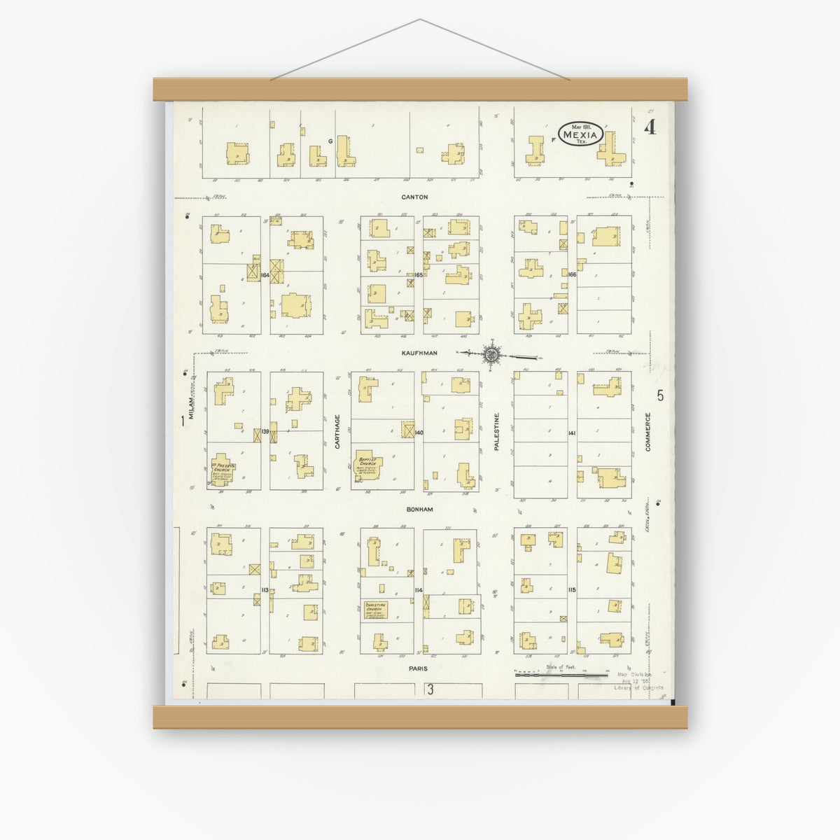 Old map wall art mockup — magnetic wood frame on white wall — Sanborn Fire Insurance Map from Mexia, Limestone County, Texas (1911), Sheet #0004