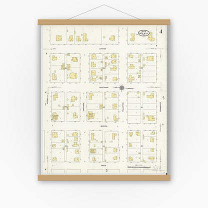 Old map wall art mockup — magnetic wood frame on white wall — Sanborn Fire Insurance Map from Mexia, Limestone County, Texas (1911), Sheet #0004
