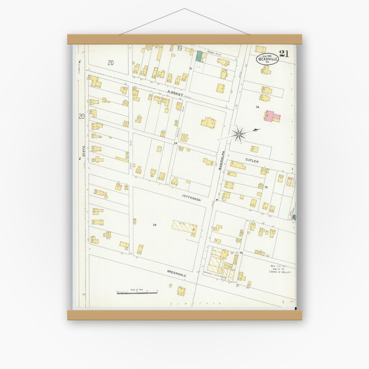 Old map wall art mockup — magnetic wood frame on white wall — Sanborn Fire Insurance Map from Meadville, Crawford County, Pennsylvania (1905), Sheet #0021