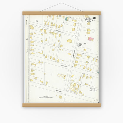 Old map wall art mockup — magnetic wood frame on white wall — Sanborn Fire Insurance Map from Meadville, Crawford County, Pennsylvania (1905), Sheet #0021