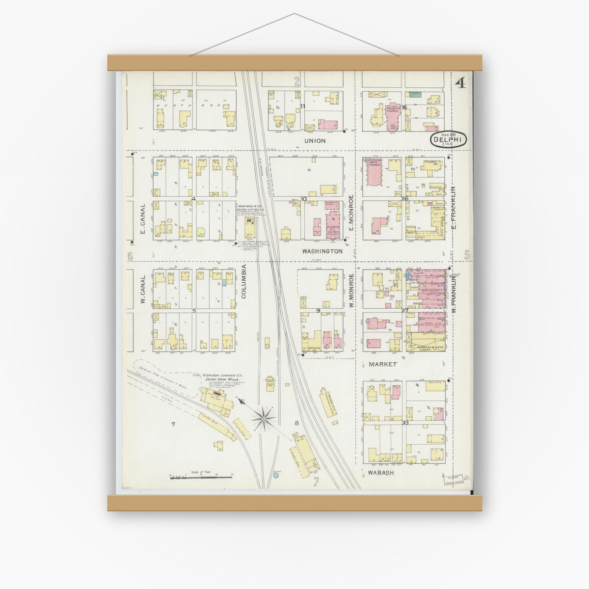Old map wall art mockup — magnetic wood frame on white wall — Sanborn Fire Insurance Map from Delphi, Carroll County, Indiana (1893), Sheet #0004