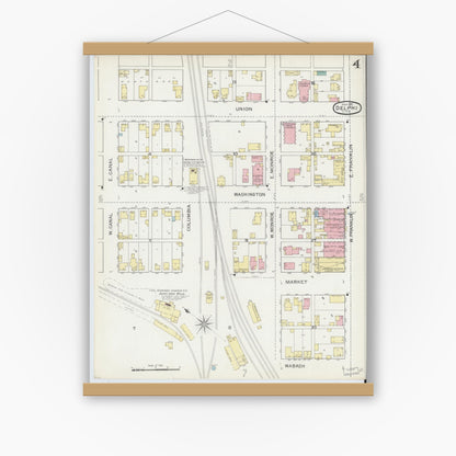 Old map wall art mockup — magnetic wood frame on white wall — Sanborn Fire Insurance Map from Delphi, Carroll County, Indiana (1893), Sheet #0004