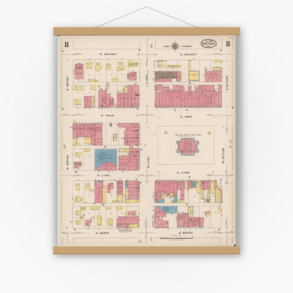 Old map wall art mockup — magnetic wood frame on white wall — Sanborn Fire Insurance Map from Bryan, Williams County, Ohio (1923), Sheet #0008