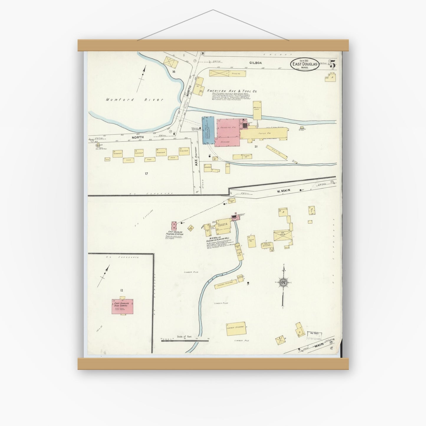 Old map wall art mockup — magnetic wood frame on white wall — Sanborn Fire Insurance Map from East Douglas, Worcester County, Massachusetts (1911), Sheet #0005