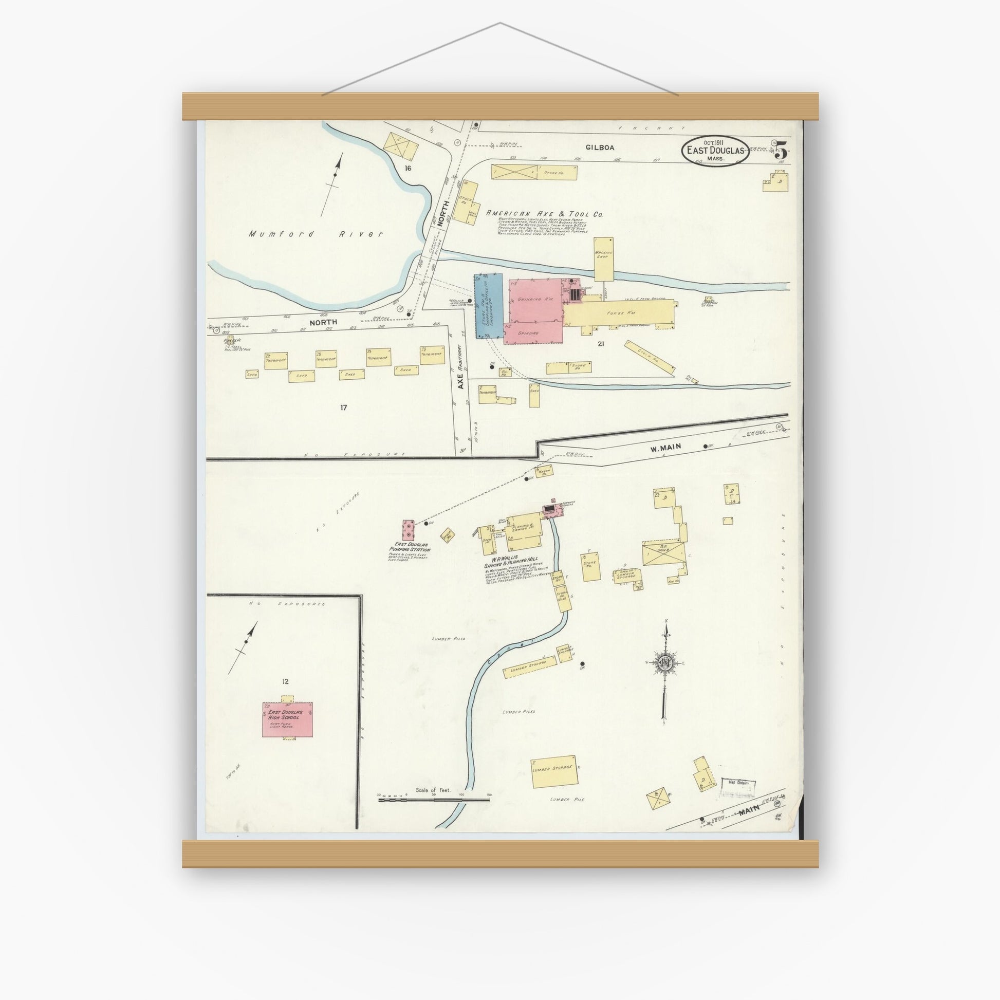 Old map wall art mockup — magnetic wood frame on white wall — Sanborn Fire Insurance Map from East Douglas, Worcester County, Massachusetts (1911), Sheet #0005