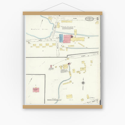 Old map wall art mockup — magnetic wood frame on white wall — Sanborn Fire Insurance Map from East Douglas, Worcester County, Massachusetts (1911), Sheet #0005